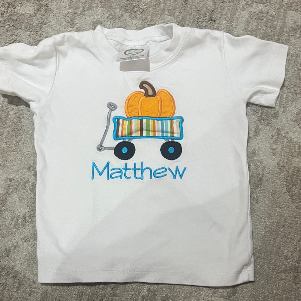 Personalized White Kids Tee with Pumpkin Wagon - Matthew